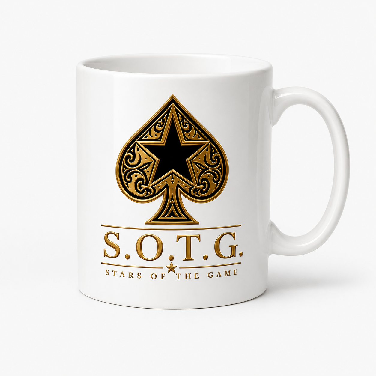 A white ceramic mug featuring a gold and black spade card graphic with the text 'S.O.T.G